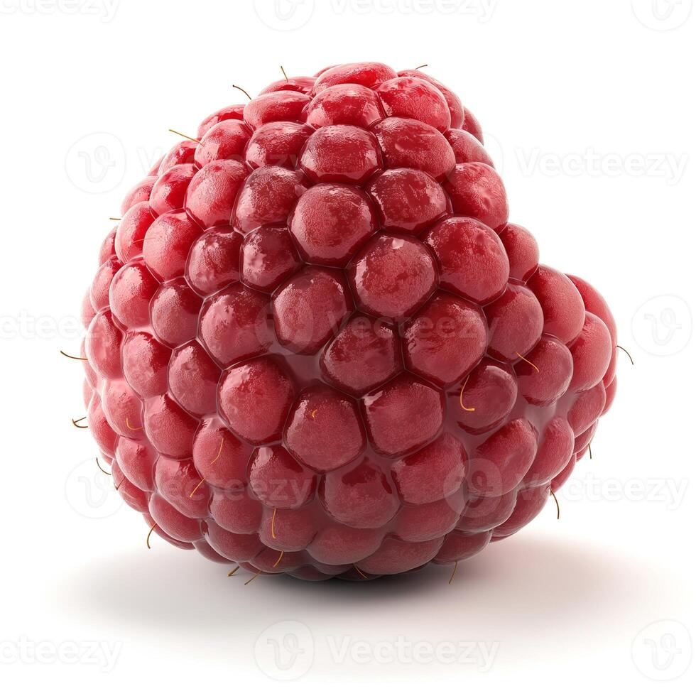 Close-up of a single fresh red raspberry showcasing its plump, juicy texture and vibrant color. photo