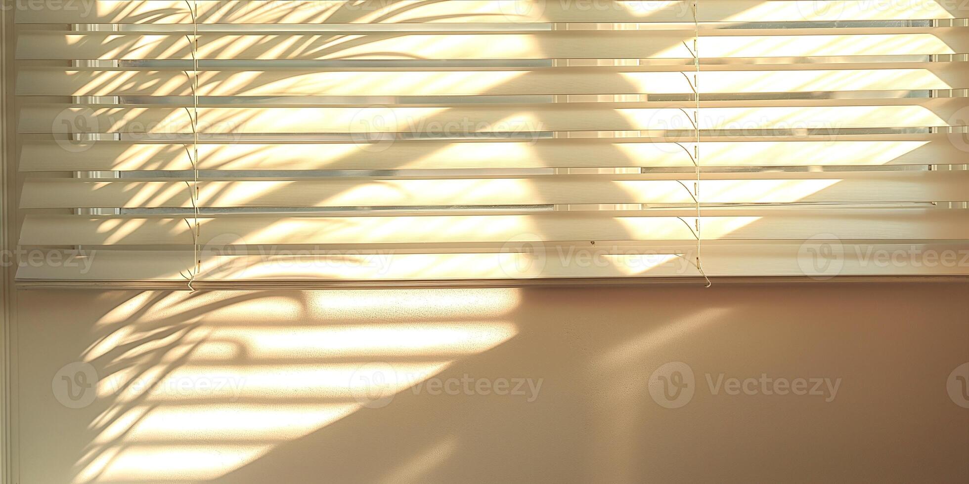 Warm sunlight casting delicate shadows through blinds, creating a tranquil and inviting atmosphere. photo