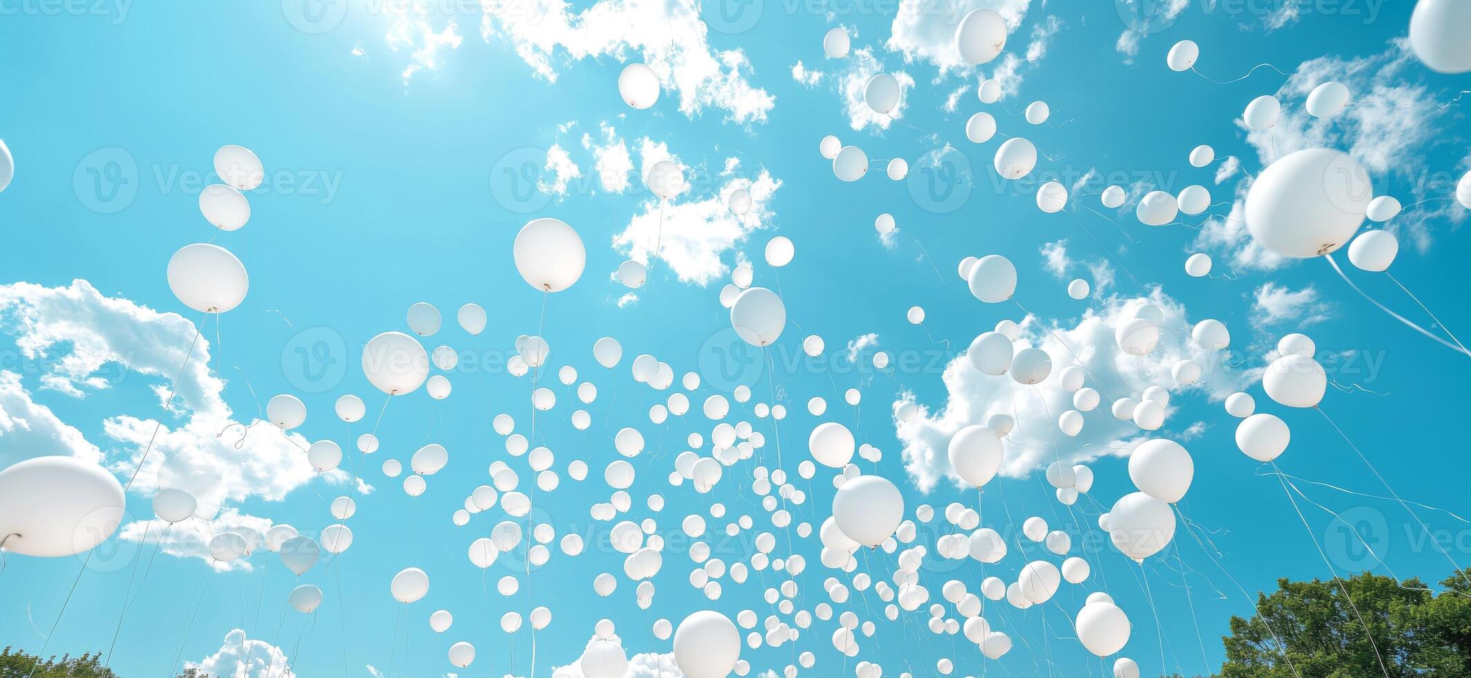 A sea of white balloons released into a bright blue sky, creating a whimsical atmosphere against the fluffy clouds. photo