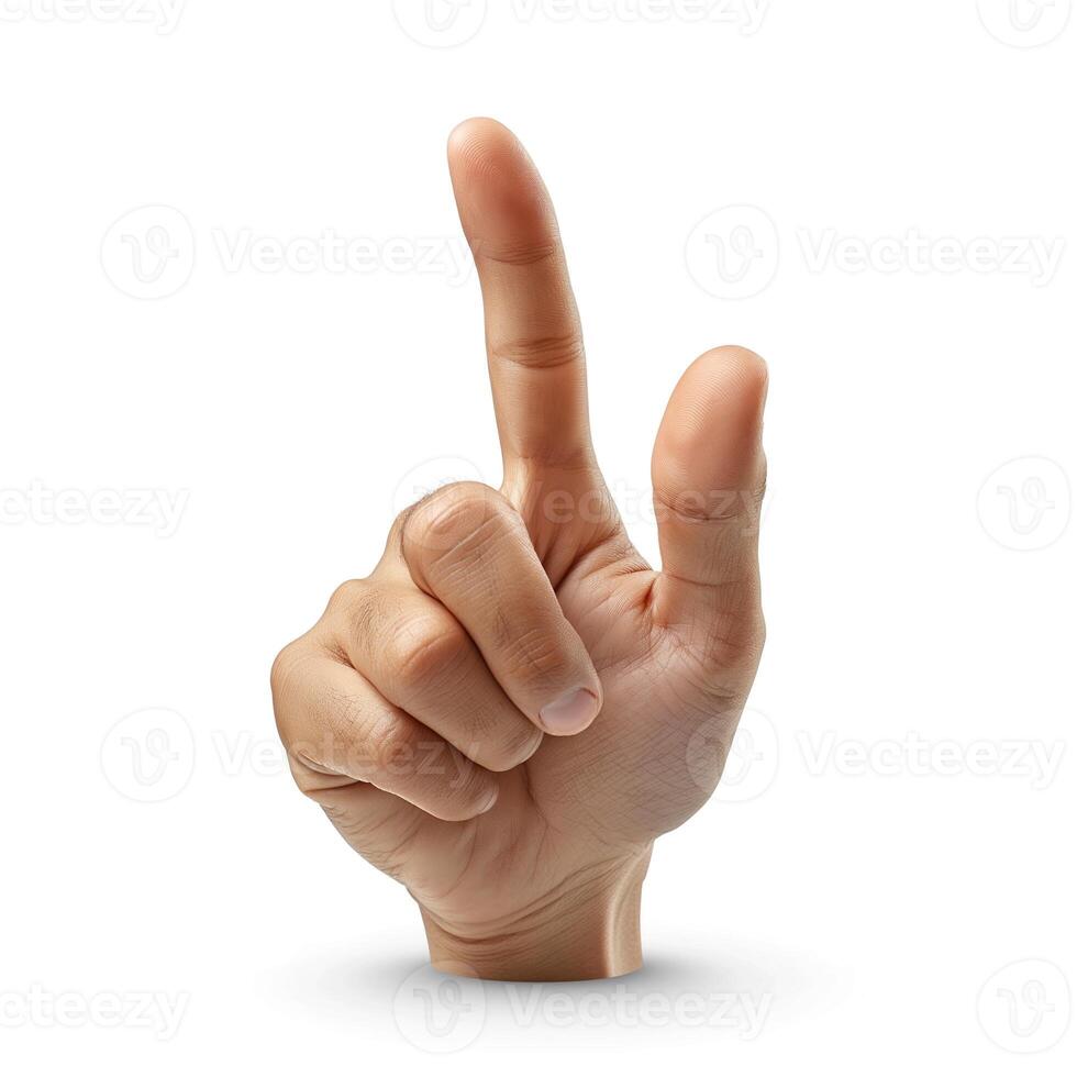 A close-up of a male hand, signaling with one finger raised, symbolizing 'number one' or 'first place'. photo
