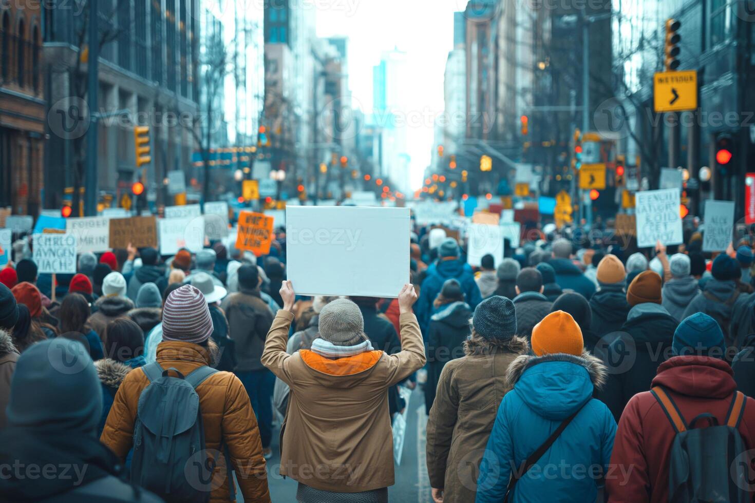 A diverse crowd of protesters march down a city street, holding signs and advocating for change. photo