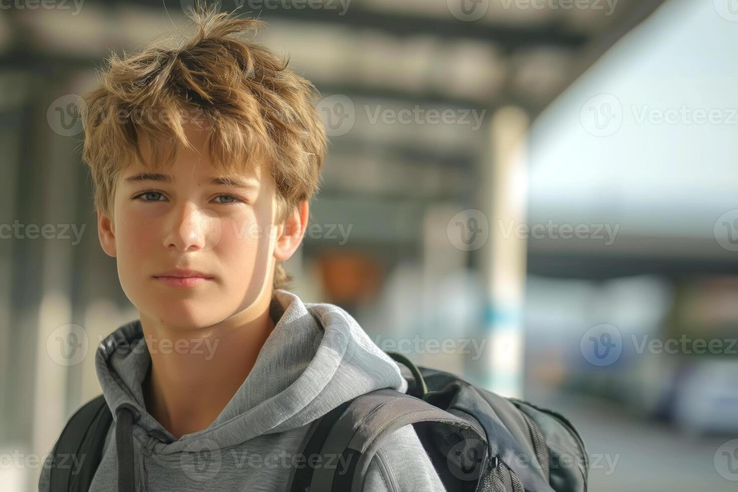 A young Caucasian boy with tousled hair stands at a transit station, wearing a gray hoodie and carrying a backpack. photo