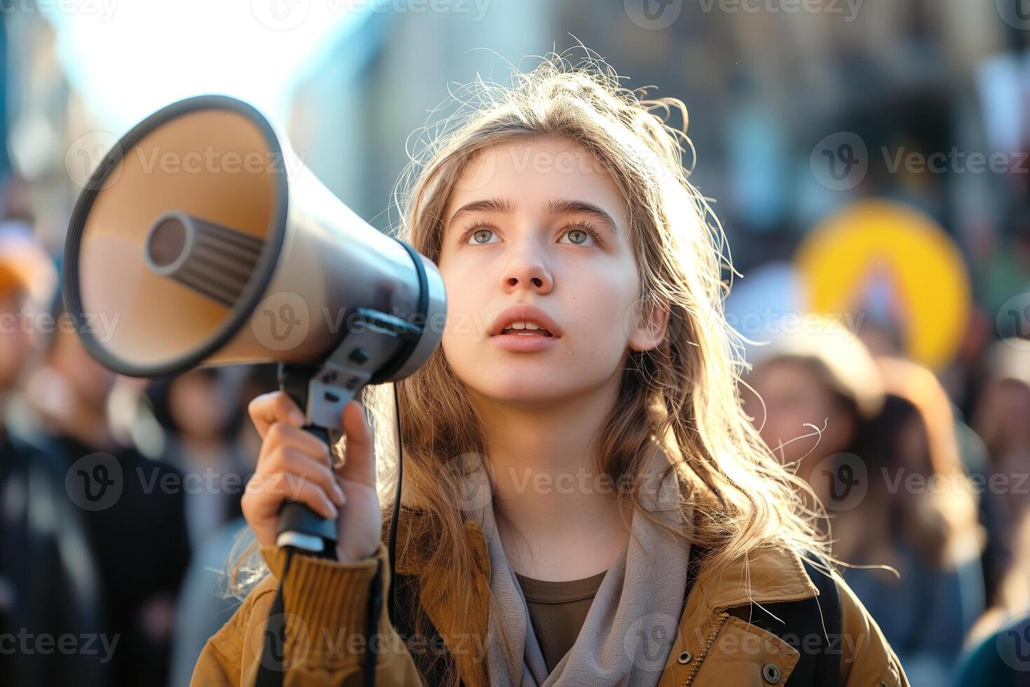 A young Caucasian girl holds a megaphone, looking determined amidst a crowd at a protest, conveying a strong message for change. photo
