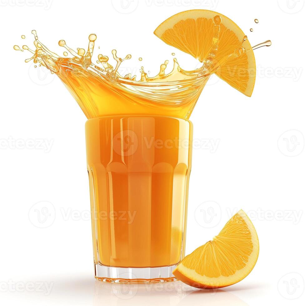 Refreshing orange juice splashing in a clear glass with orange slices, evoking a vibrant summer mood. photo