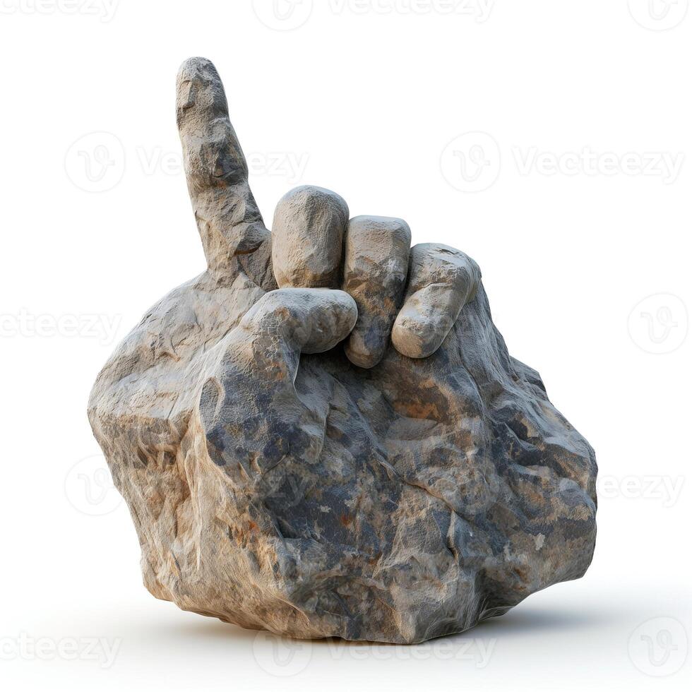 A large, stone sculpture of a hand with an extended index finger, symbolizing a 'quiet' or 'silence' gesture. photo