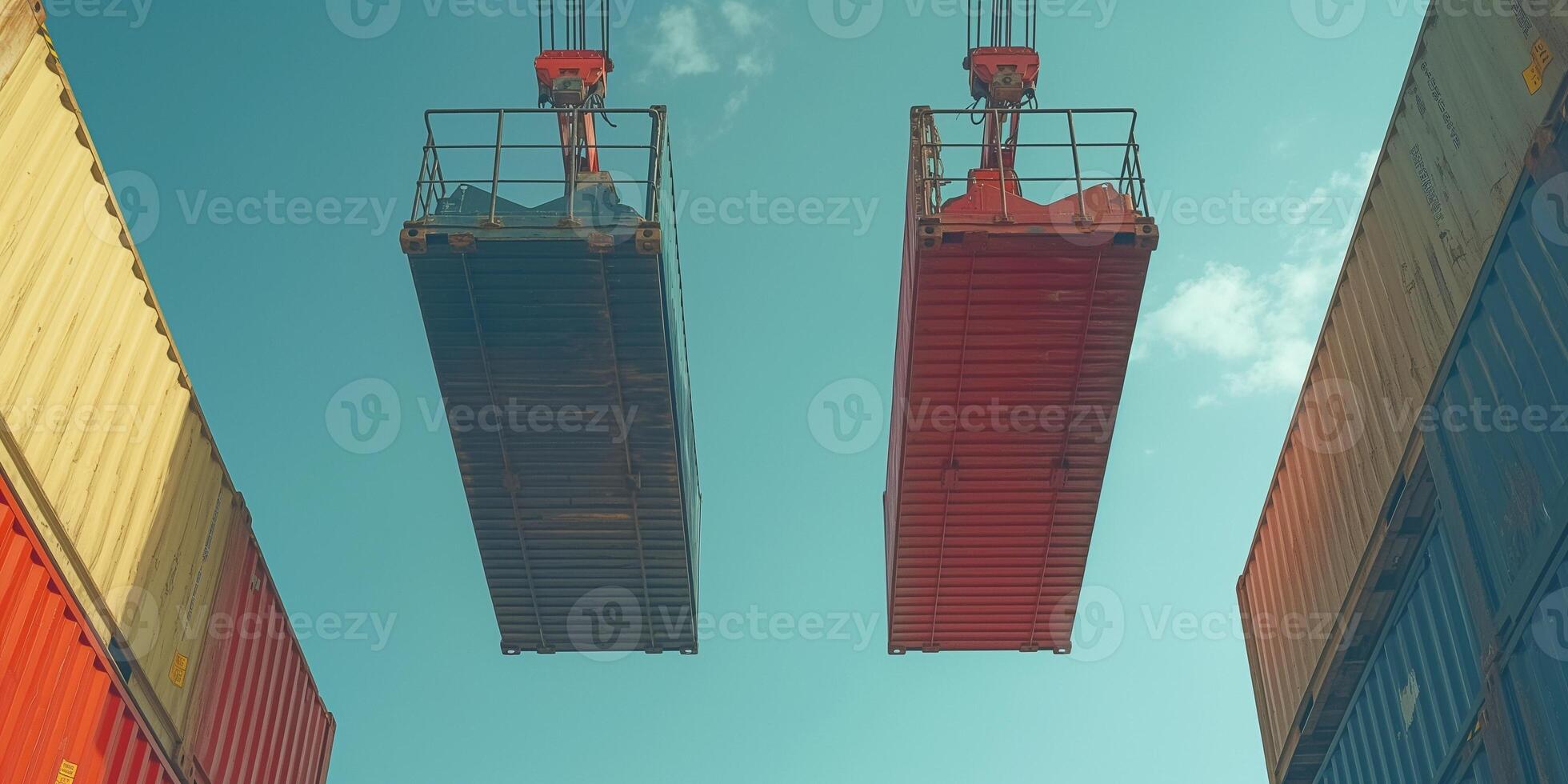 Two large cranes lift shipping containers against a bright blue sky, showcasing the scale of maritime logistics. photo