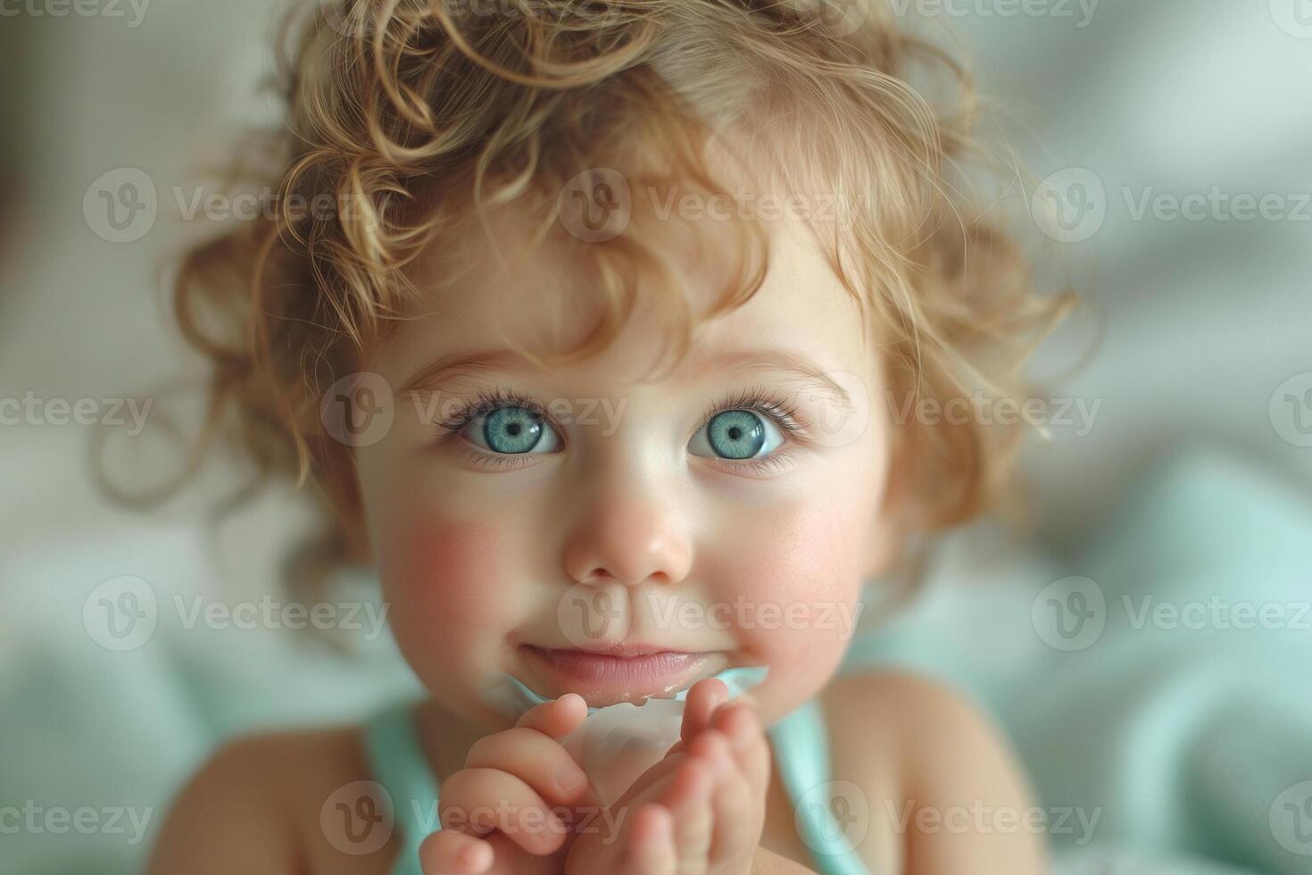 Adorable toddler with curly blonde hair and bright blue eyes, smiling while holding a piece of shell. Soft, cozy setting. photo