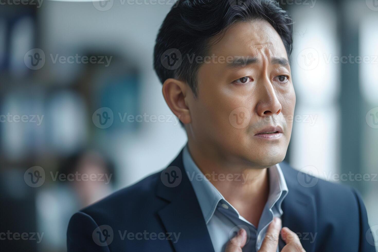 A serious South Asian man in a suit shows concern and contemplation in a modern office setting. photo