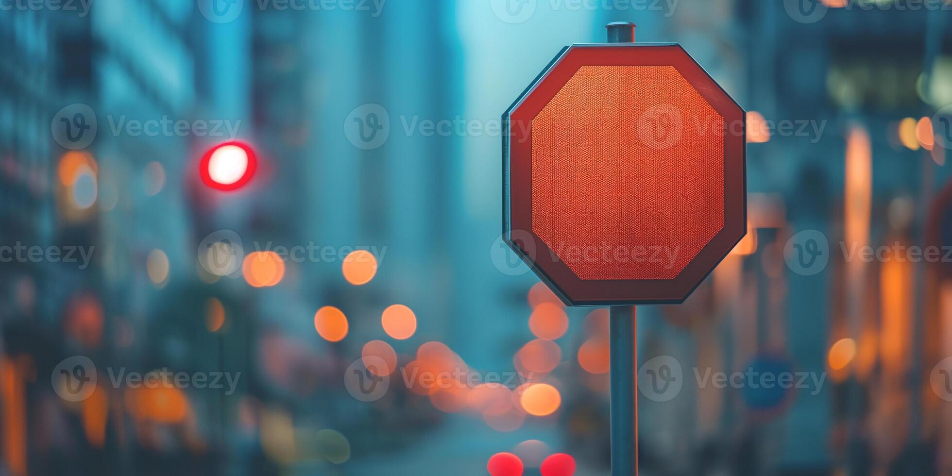 An illuminated stop sign stands out against a blurred urban backdrop, invoking a sense of caution and alertness. photo