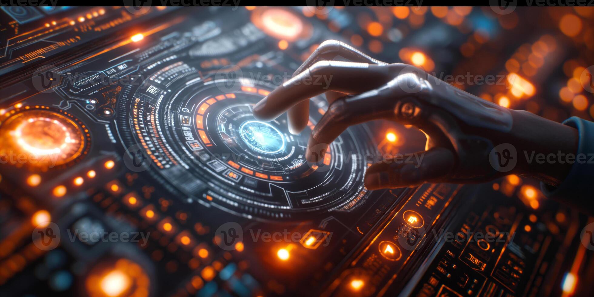 A futuristic robotic hand interacts with a glowing digital interface, showcasing advanced technology and innovation. photo