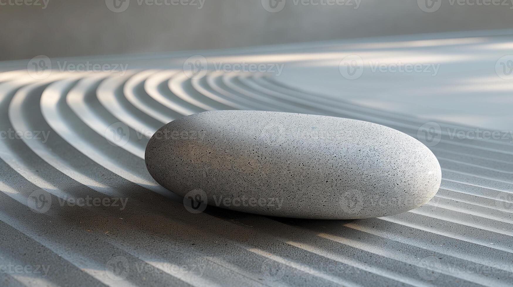 A smooth, gray pebble rests on meticulously raked sand in a tranquil setting. photo