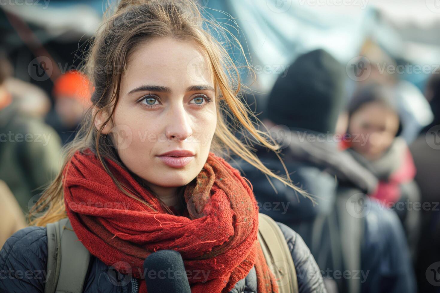 A young woman with long brown hair and striking blue eyes, wearing a red scarf, speaks earnestly amid a crowd. photo