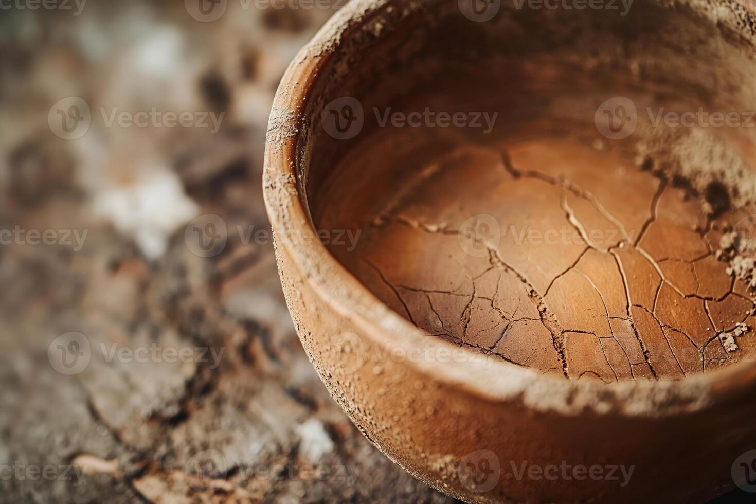 An aged, cracked clay bowl resting on a wooden surface, evoking rustic charm and handmade craftsmanship. photo