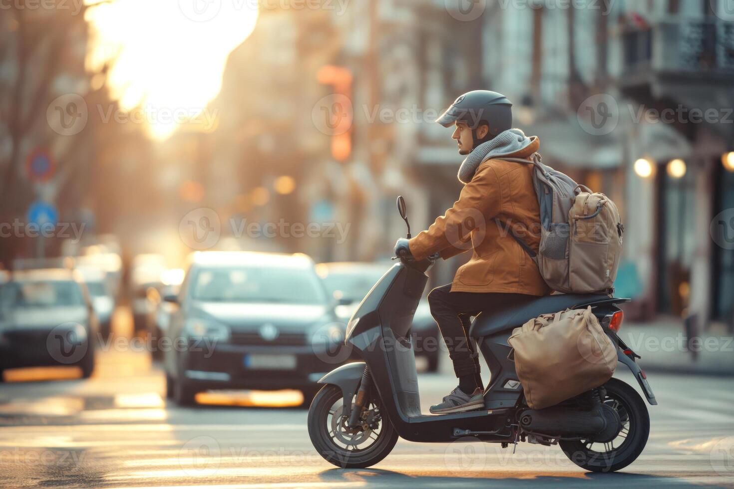 A young man of Asian descent rides a scooter during sunset, carrying a large backpack, navigating through city traffic. photo