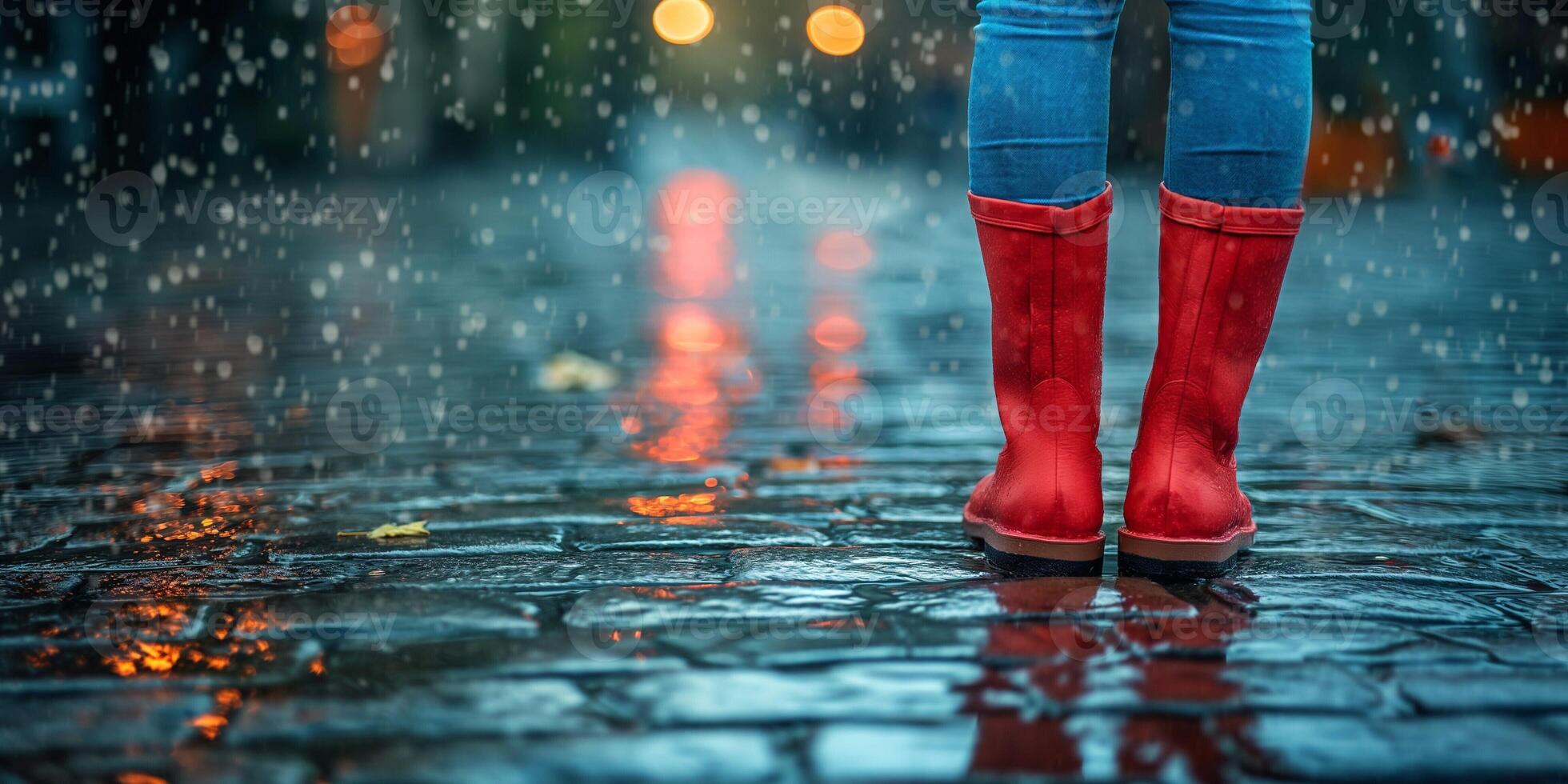 Woman standing in red rain boots on a wet cobblestone street during a rain shower. photo