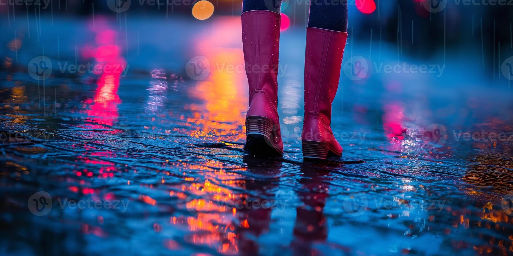 A woman in stylish red rain boots walks along a colorful, wet street reflecting vibrant lights in the rain. photo