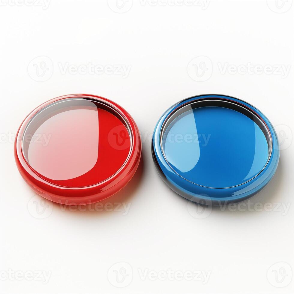 Two glossy circular buttons in vibrant red and blue colors on a light surface. photo