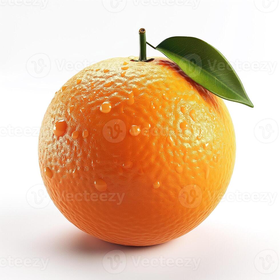 A fresh, vibrant orange with droplets of water and a green leaf on a white background, radiating freshness and vitality. photo