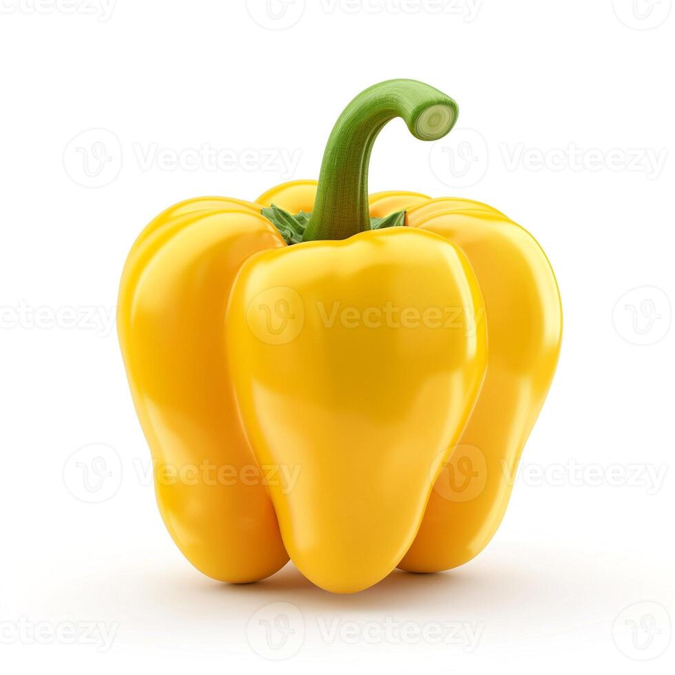 A vibrant yellow bell pepper with a glossy surface and a green stem, showcasing its fresh, healthy appeal. photo