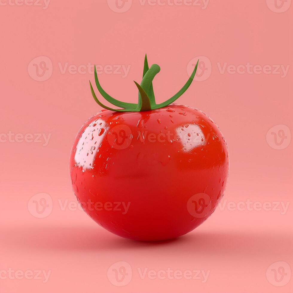 A vibrant red tomato with water droplets on a pink background, showcasing freshness and vitality. photo