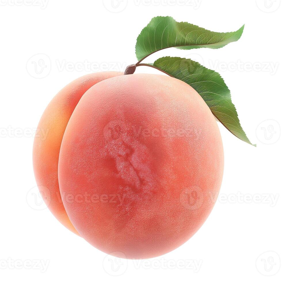 A ripe peach with soft, fuzzy skin and a vibrant hue, accentuated by a fresh green leaf. photo