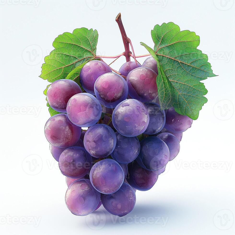 A cluster of juicy purple grapes with green leaves, showcasing vibrant colors and a fresh, appealing look. photo