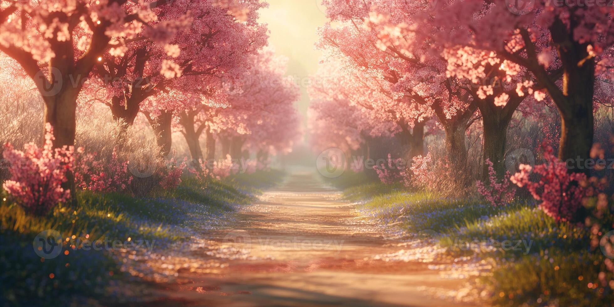A serene pathway lined with blooming cherry blossom trees, bathed in soft morning light. photo