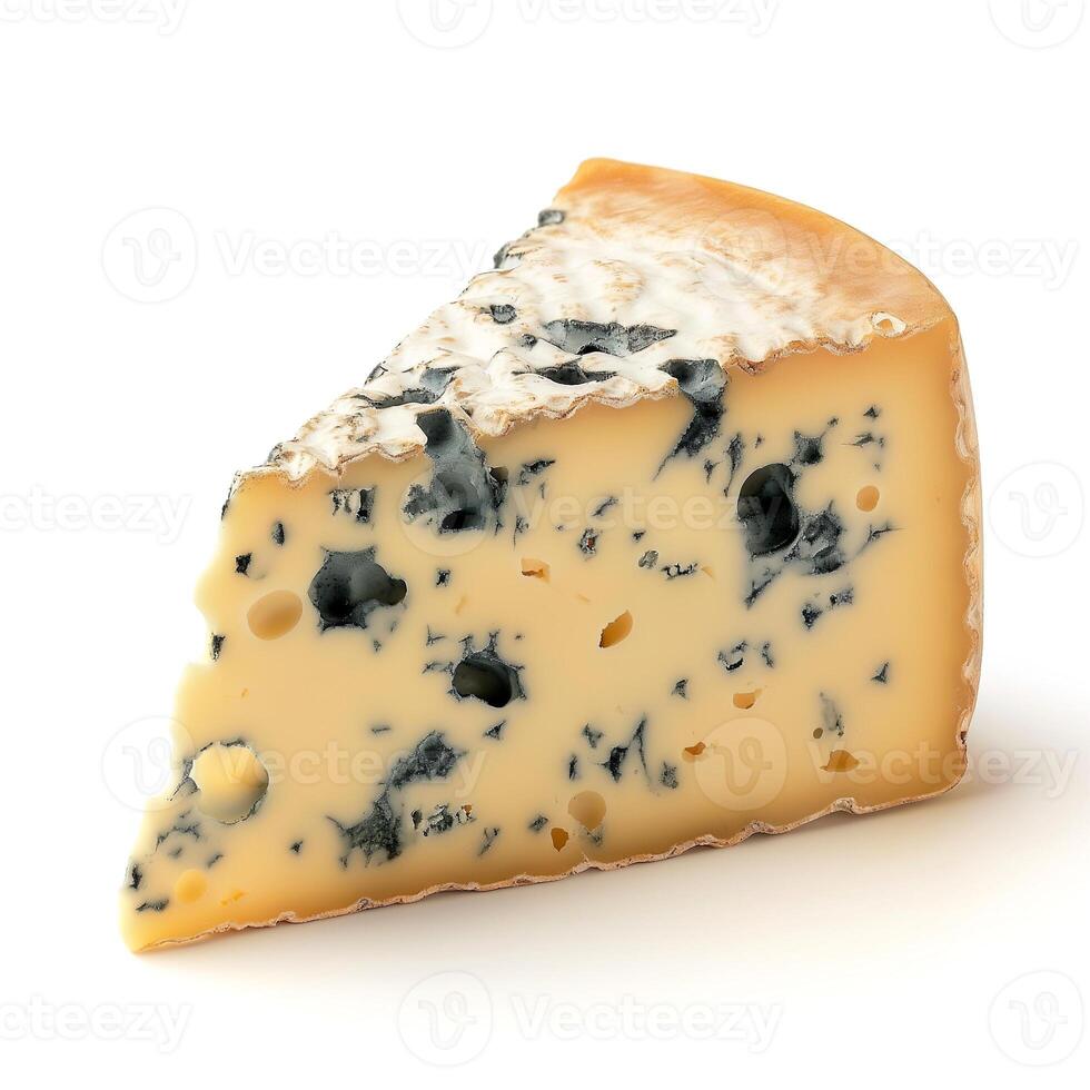 A single wedge of blue cheese displays a rich, creamy texture and distinctive blue veins, perfect for gourmet dishes. photo