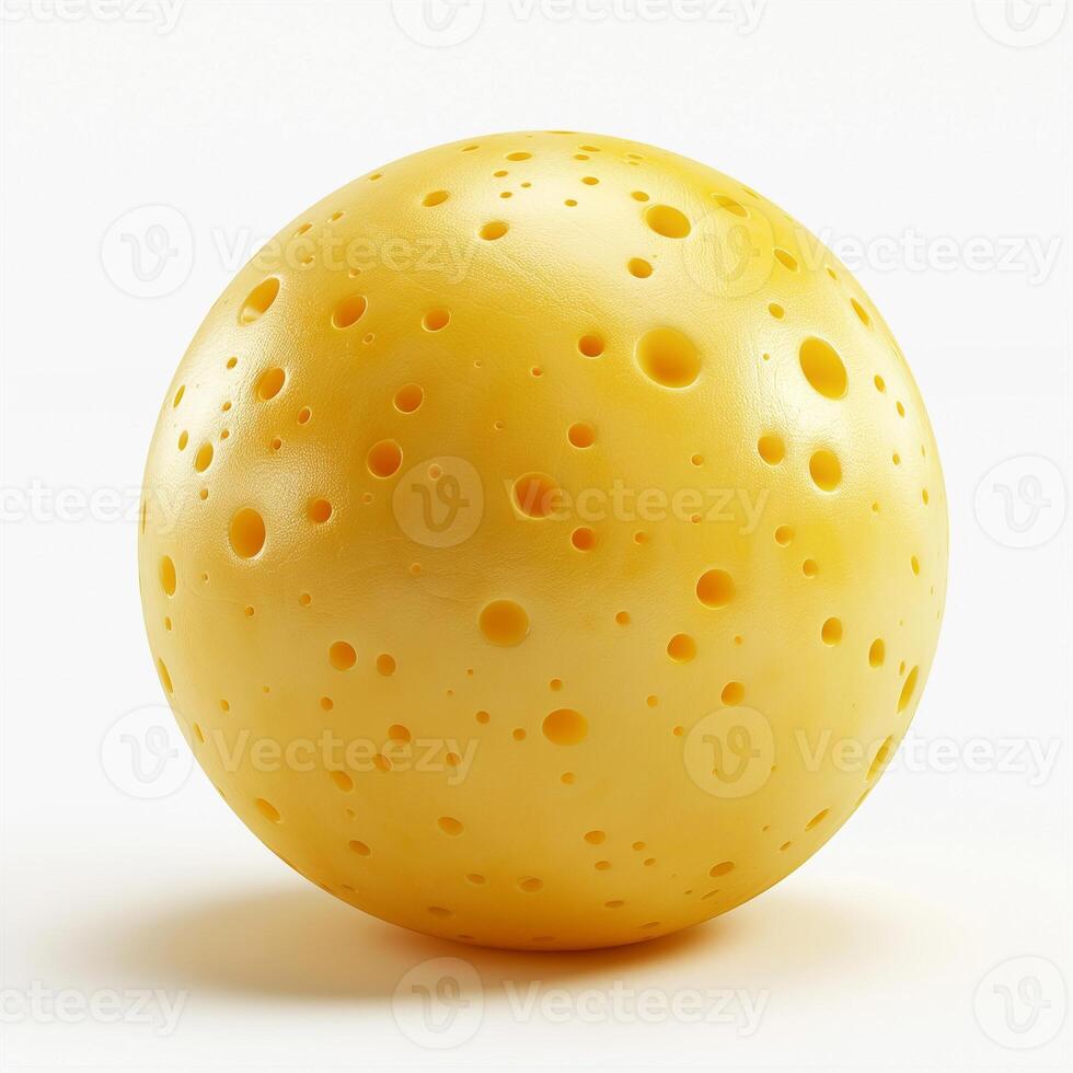 A vibrant yellow cheese sphere with distinctive holes, resembling swiss cheese, set against a clean, white background. photo