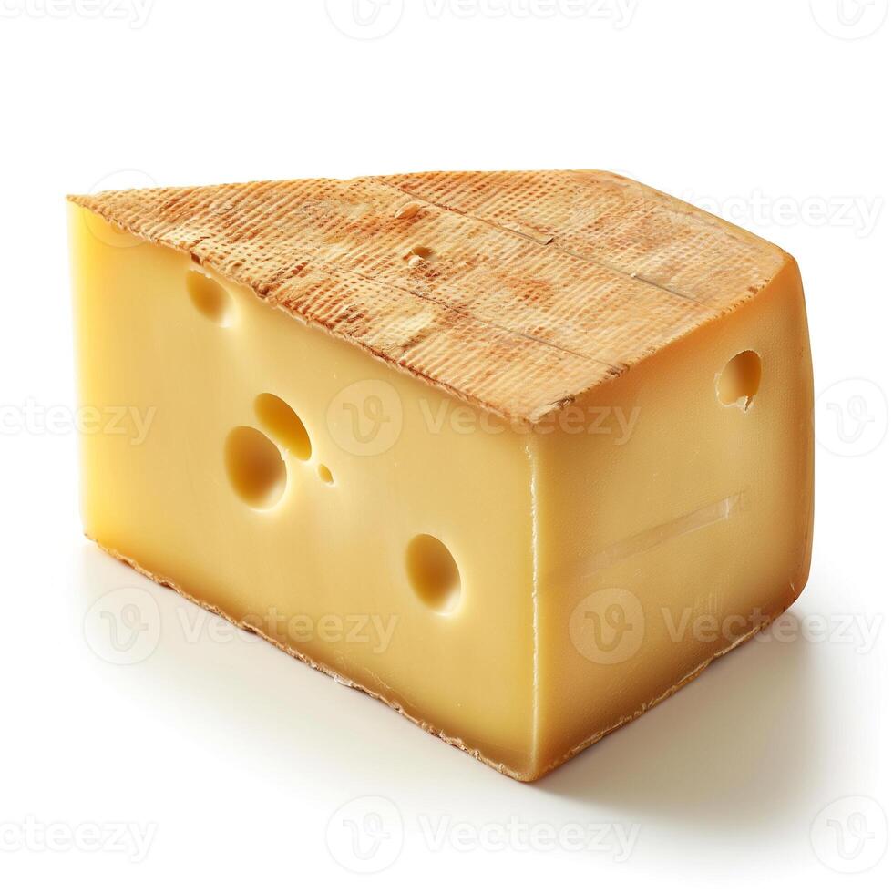 A wedge of creamy yellow cheese with distinctive holes and a textured rind, perfect for gourmet dishes. photo