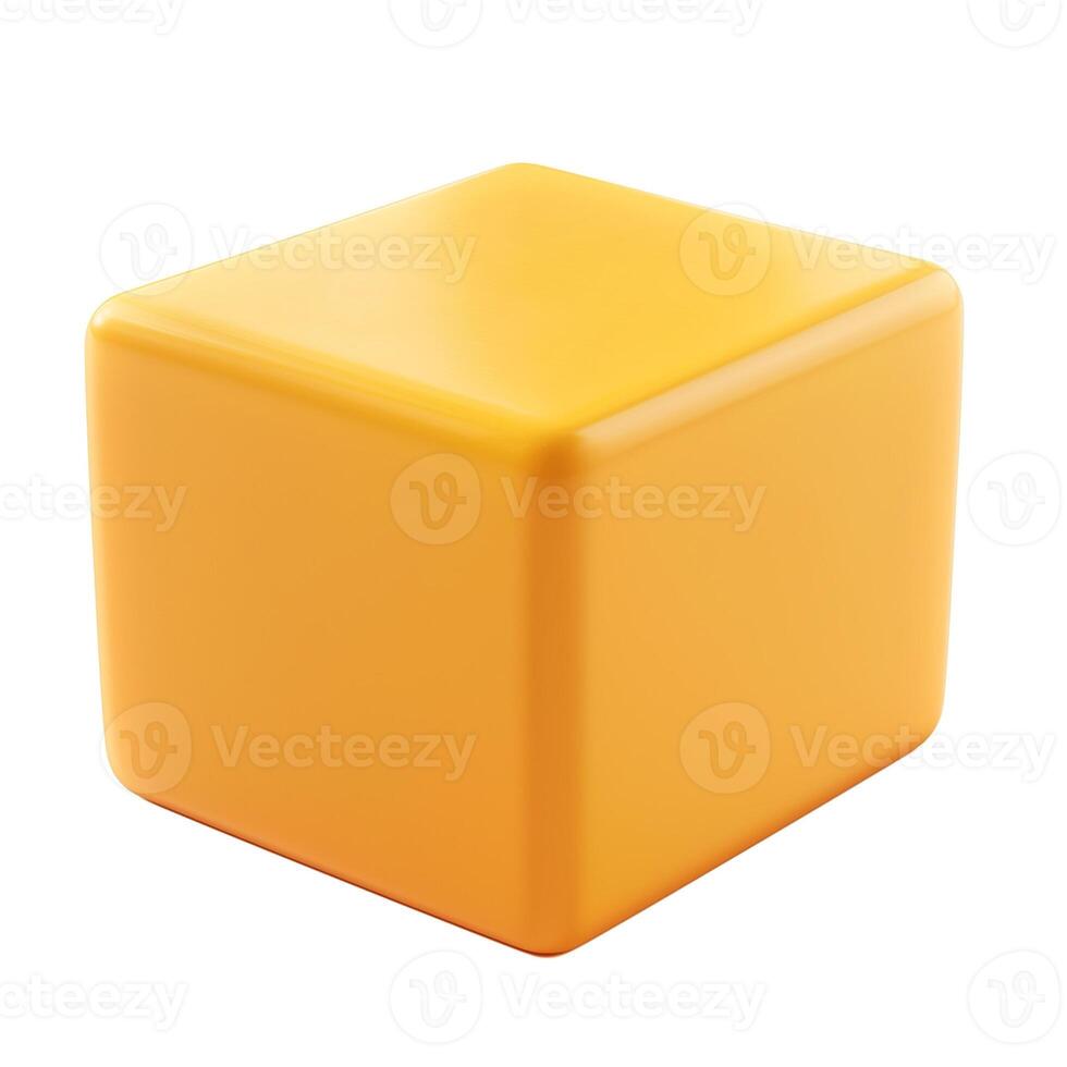 A vibrant yellow cube on a clean white background, showcasing its glossy finish and geometric shape. photo