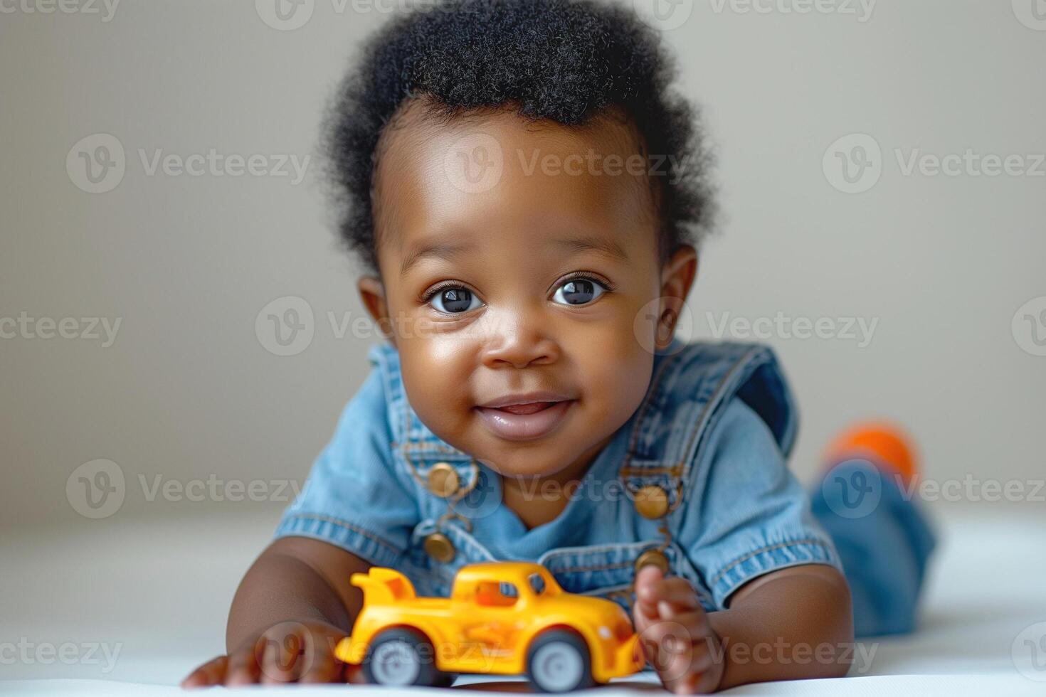 A joyful African American baby boy playing with a colorful toy car, smiling warmly at the camera. photo