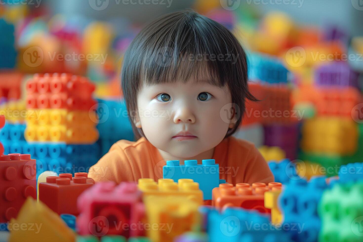 A curious Asian toddler playing with colorful building blocks, surrounded by a vibrant array of toys in a playful setting. photo