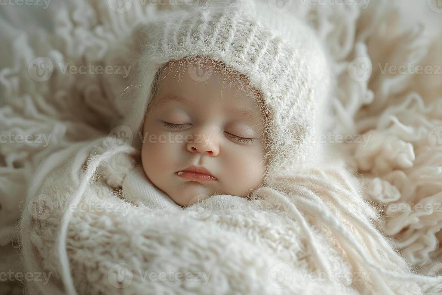 Adorable sleeping baby girl swathed in cozy white layers, evoking warmth and serenity. photo