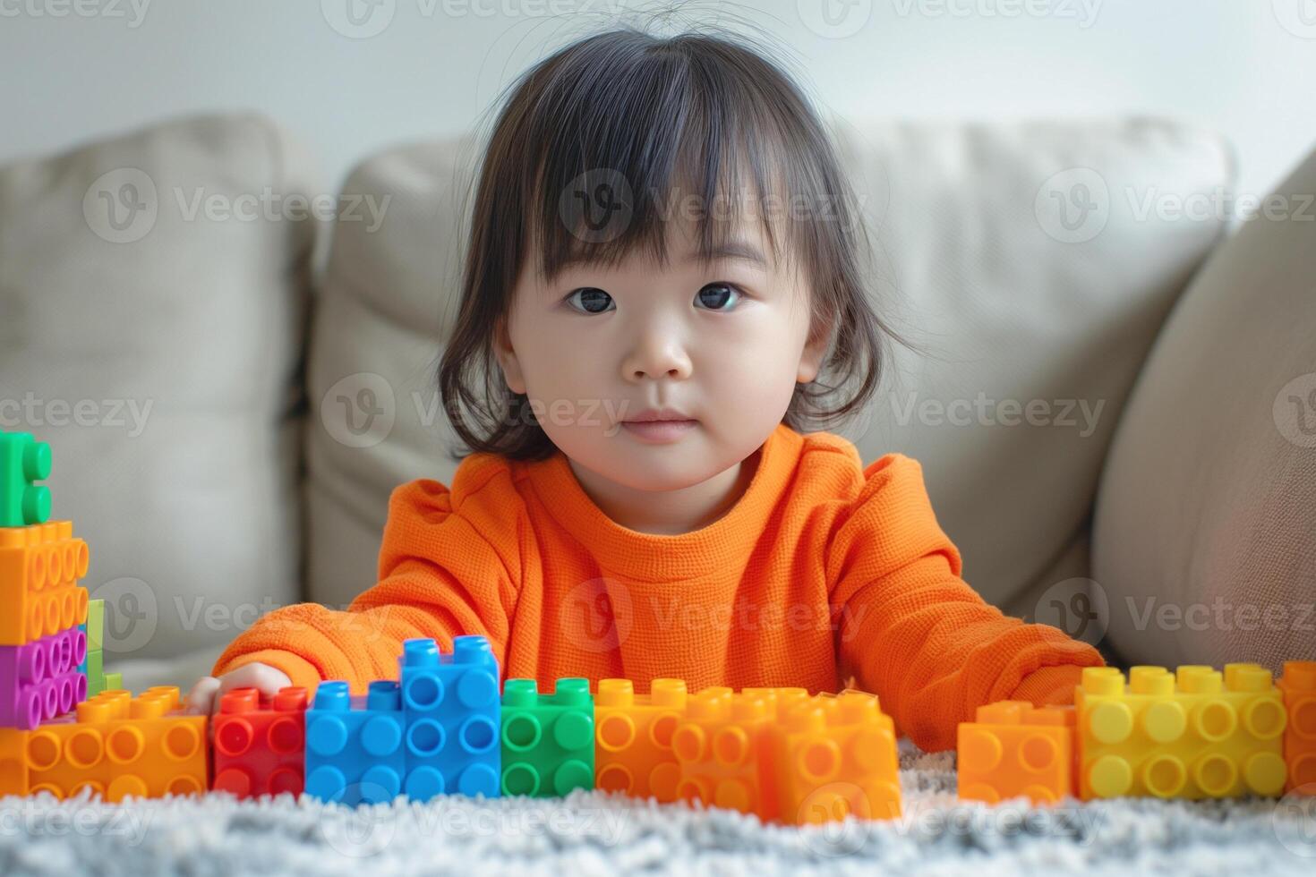 A focused Asian toddler in an orange sweater plays with colorful building blocks on a plush rug. photo
