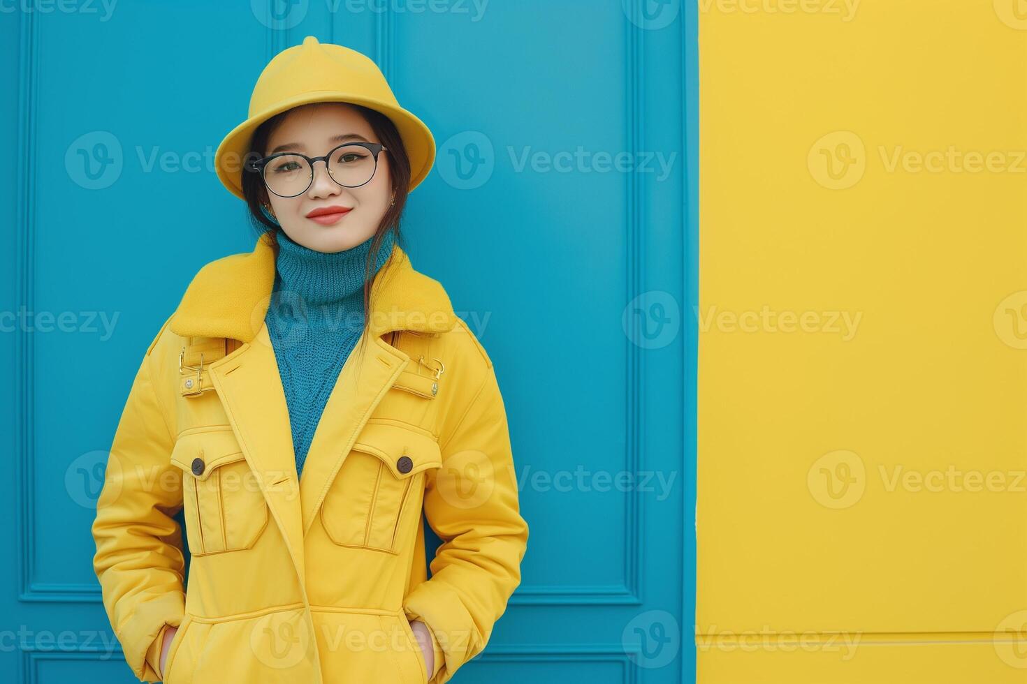 A young Asian woman in a bright yellow coat and hat, standing confidently against a vibrant blue and yellow background. photo