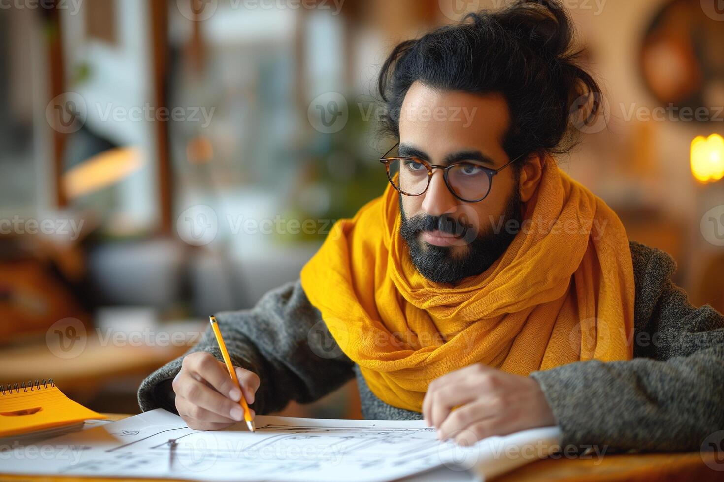 Concentrated young South Asian male artist in a cozy workspace, dressed in a warm scarf, illustrating designs with a pencil. photo