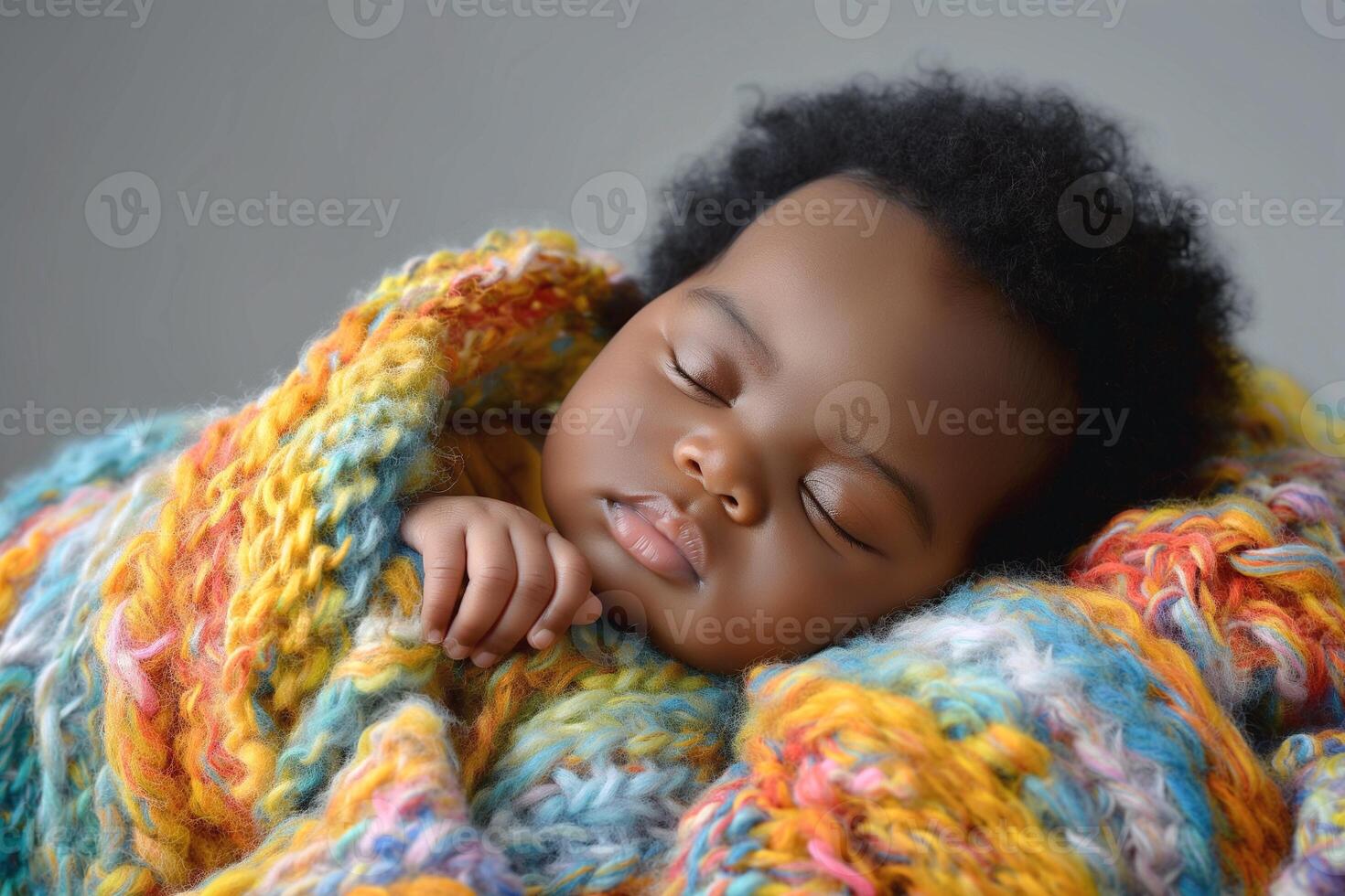 A peaceful sleeping baby wrapped in a colorful, cozy knit blanket, showcasing innocence and tranquility. photo