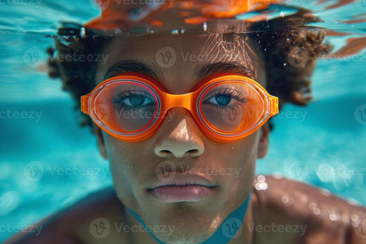 A focused young boy with curly hair wearing bright orange swimming goggles, submerged in a clear blue pool. photo