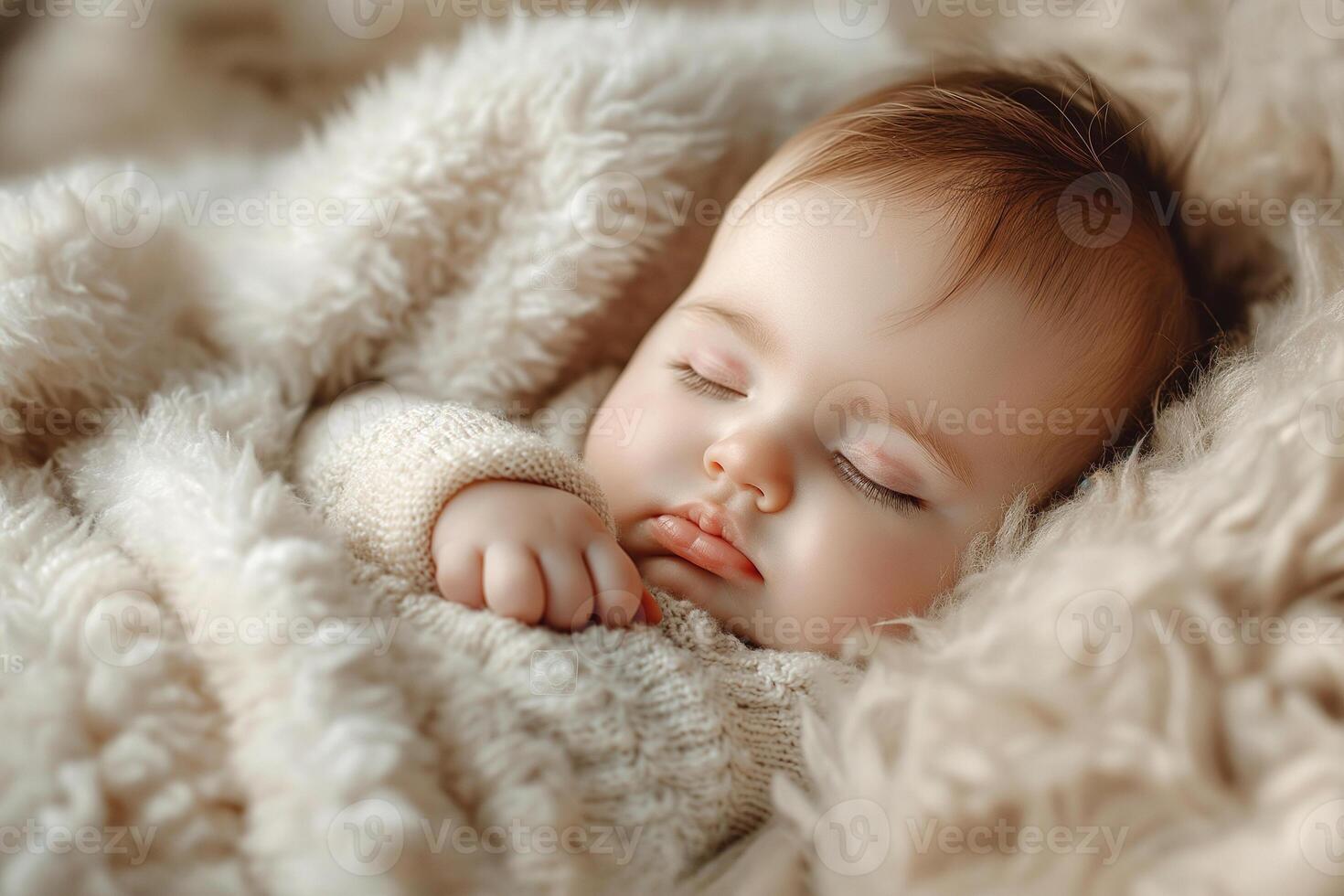 A peaceful Caucasian baby peacefully sleeps wrapped in a cozy blanket, exuding warmth and tranquility. photo