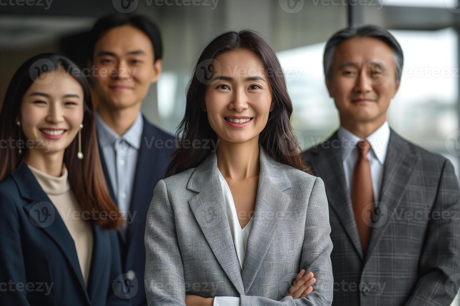 A confident Asian female professional stands with colleagues, showcasing teamwork and success in a modern office environment. photo