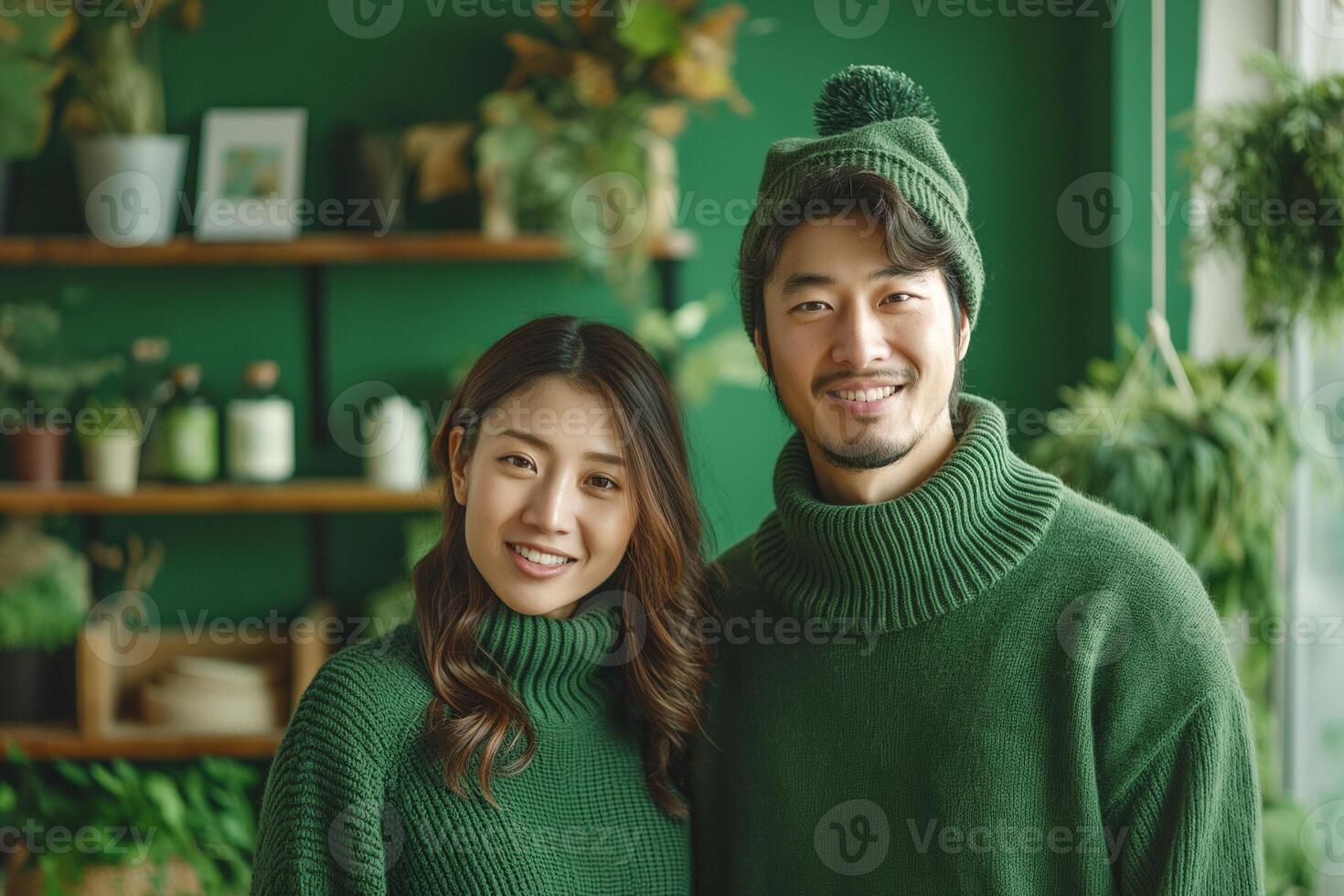 A young Asian couple dressed in matching green cozy sweaters smiles warmly, surrounded by lush greenery indoors. photo