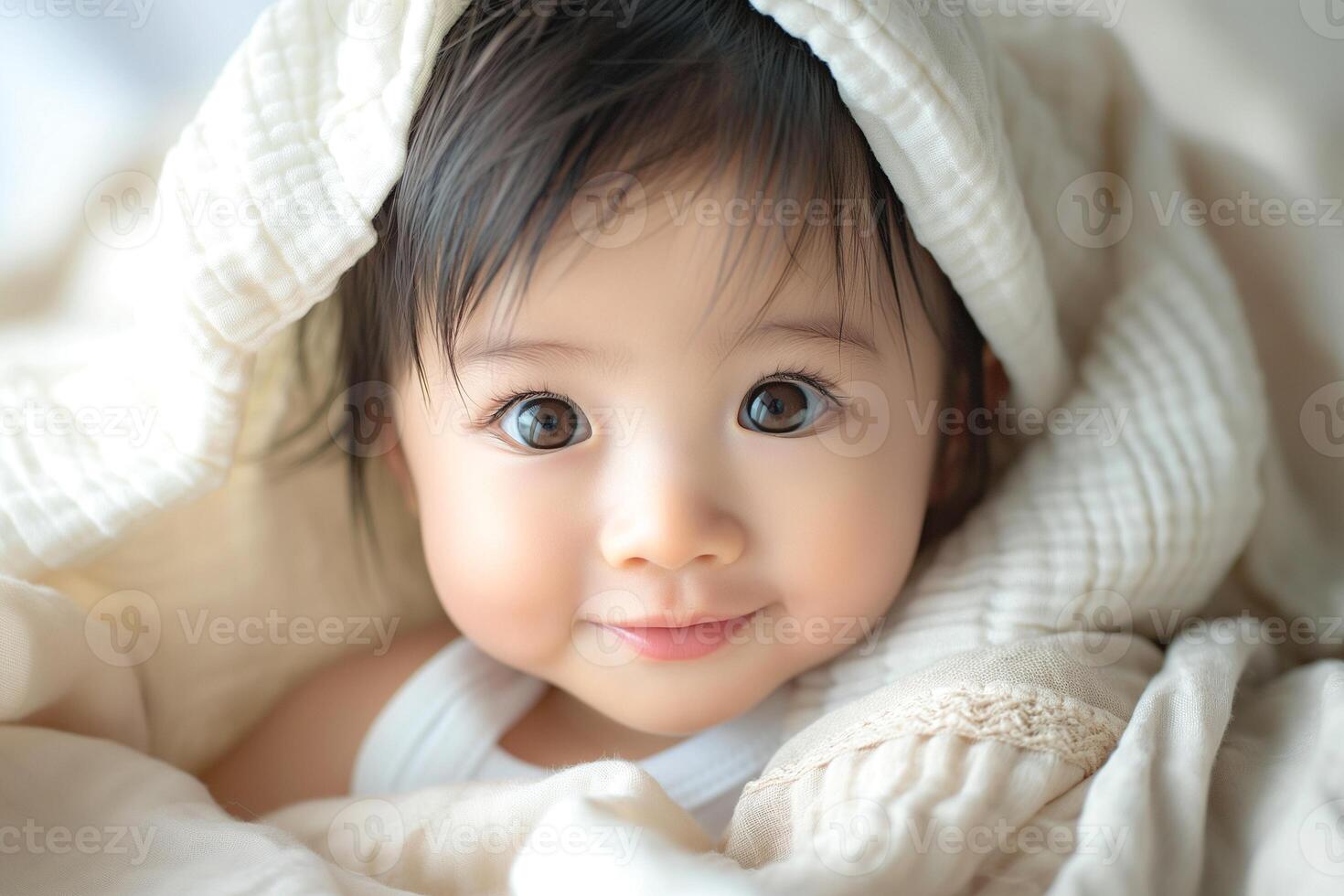 Adorable baby girl with big bright eyes wrapped in a soft, silky blanket, exuding warmth and innocence. photo