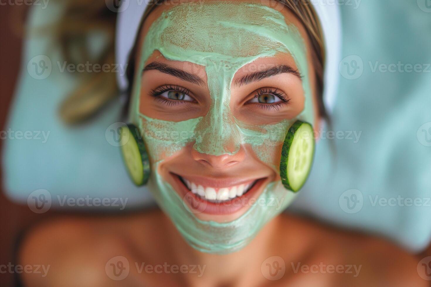Smiling young woman with a green face mask and cucumber slices relaxing during a skincare treatment. photo