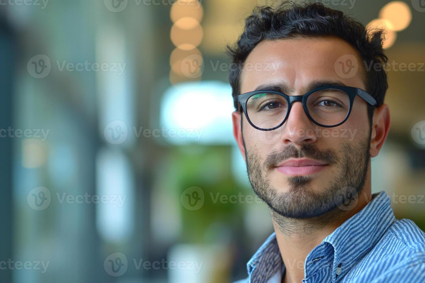 Confident young Middle Eastern man with glasses, smiling indoors with a modern and bright background. photo
