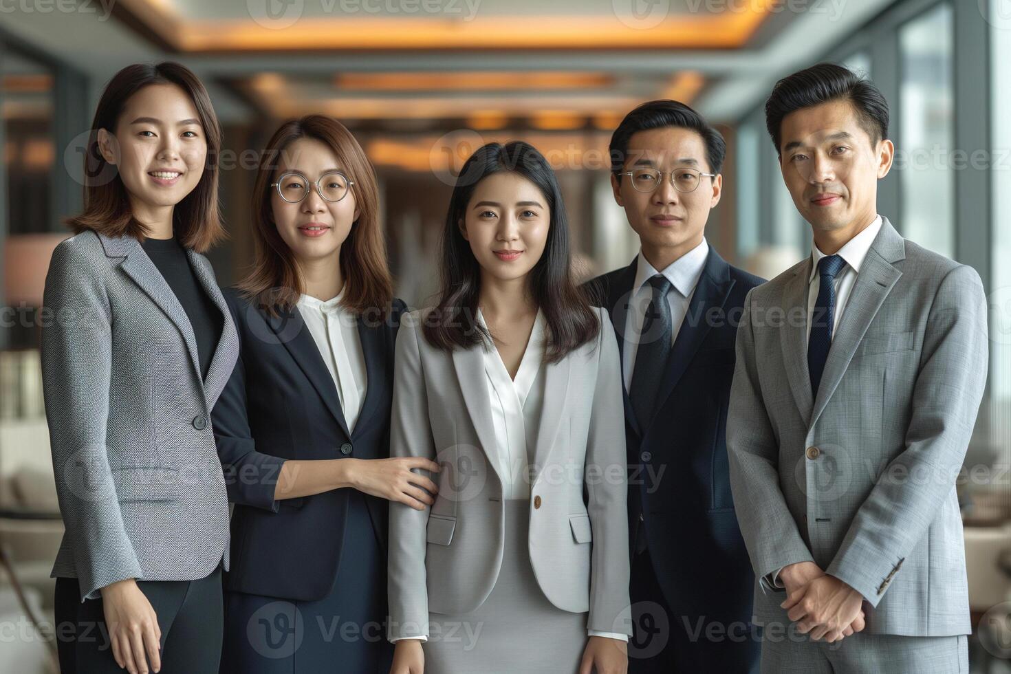 A diverse group of professionals poses confidently in a modern office setting, showcasing teamwork and collaboration. photo