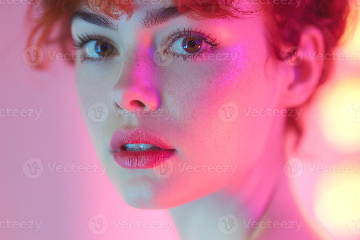 A close-up portrait of a young Caucasian woman with vibrant red hair, illuminated by colorful lights, exuding a soft and captivating mood. photo