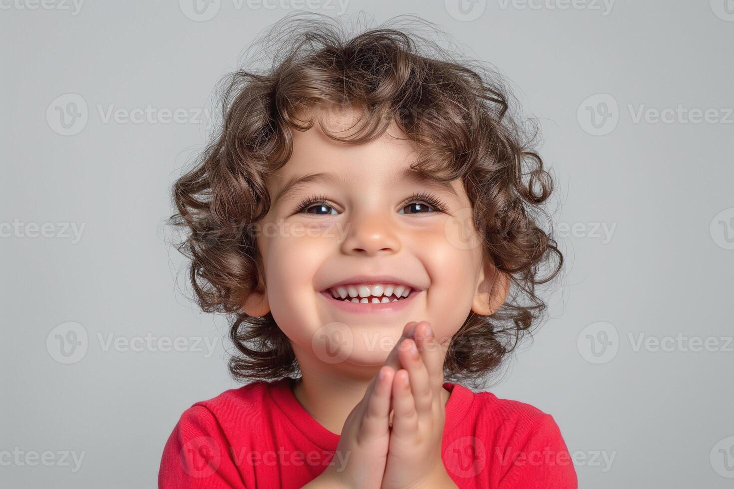 A joyful young boy with curly hair and a bright smile, wearing a red shirt, expressing happiness against a gray background. photo