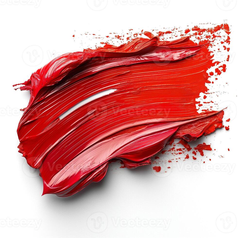 Vibrant red paint smear on a white background, showcasing a rich texture and bold color. photo