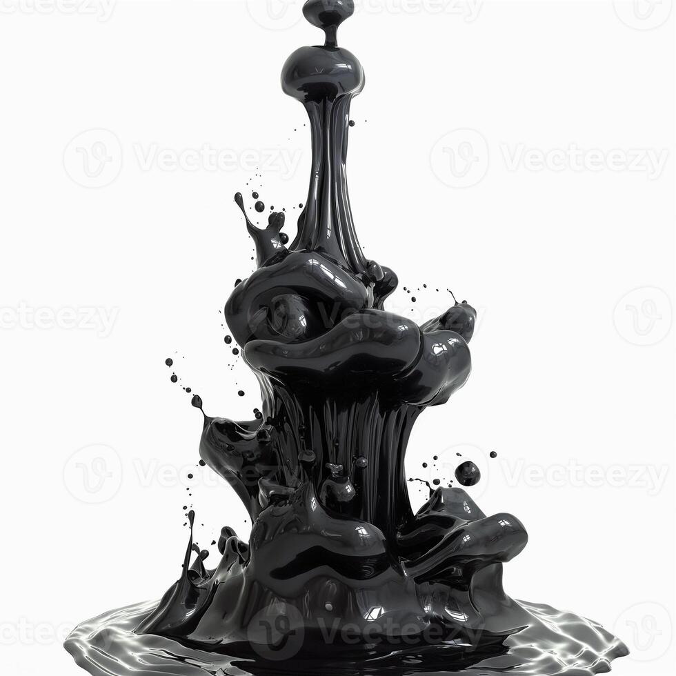 An artistic splash of black liquid, creating fluid shapes and dramatic movements against a white backdrop. photo